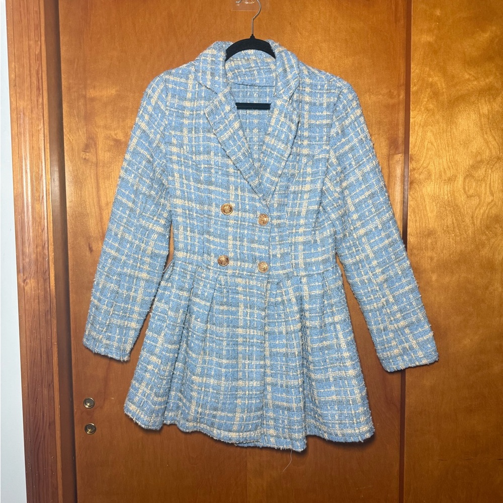 Women's Blue Plaid Double-Breasted Coat